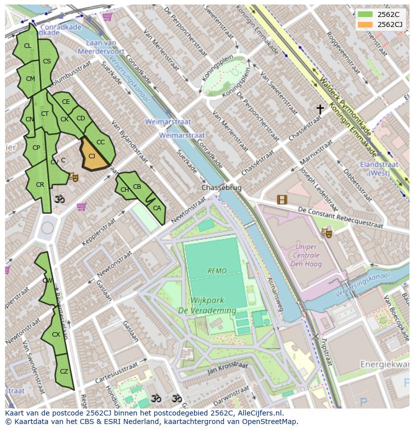 Afbeelding van het postcodegebied 2562 CJ op de kaart.