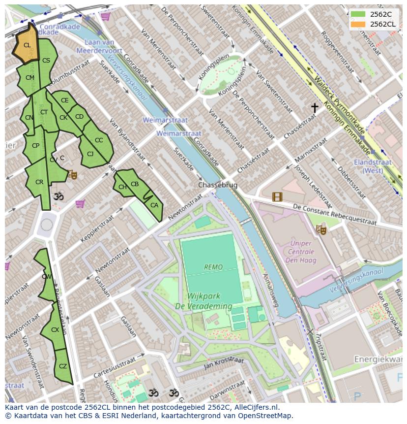 Afbeelding van het postcodegebied 2562 CL op de kaart.