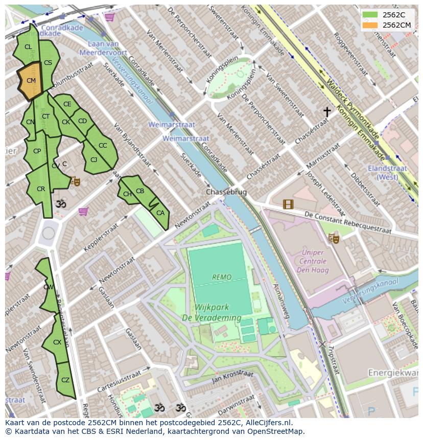 Afbeelding van het postcodegebied 2562 CM op de kaart.
