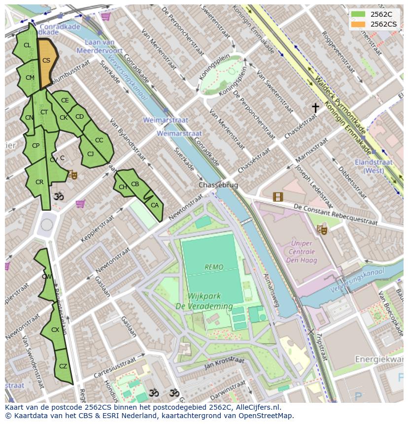 Afbeelding van het postcodegebied 2562 CS op de kaart.