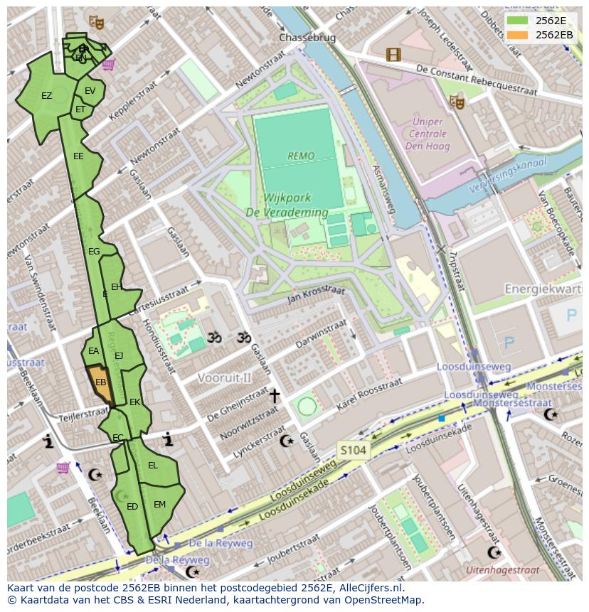 Afbeelding van het postcodegebied 2562 EB op de kaart.