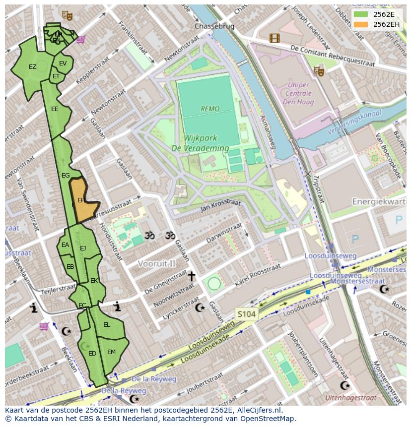 Afbeelding van het postcodegebied 2562 EH op de kaart.