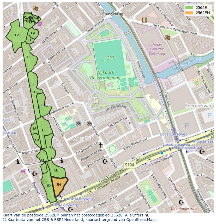 Afbeelding van het postcodegebied 2562 EM op de kaart.