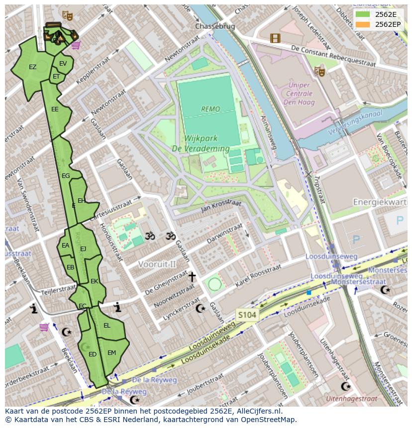 Afbeelding van het postcodegebied 2562 EP op de kaart.