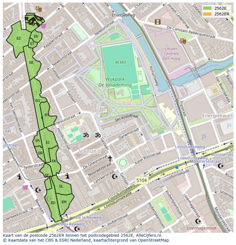 Afbeelding van het postcodegebied 2562 ER op de kaart.