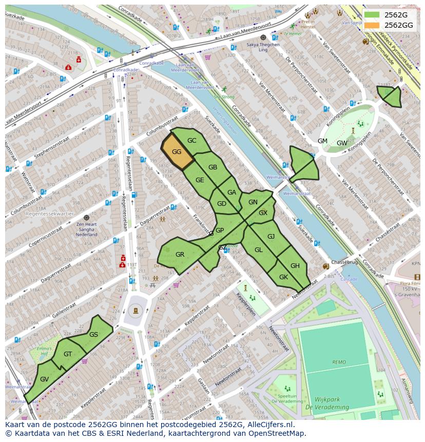 Afbeelding van het postcodegebied 2562 GG op de kaart.