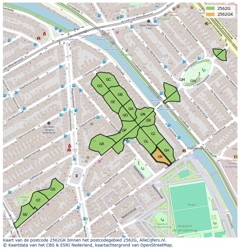 Afbeelding van het postcodegebied 2562 GK op de kaart.