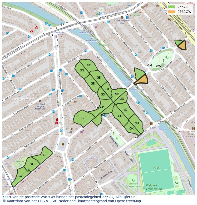 Afbeelding van het postcodegebied 2562 GW op de kaart.