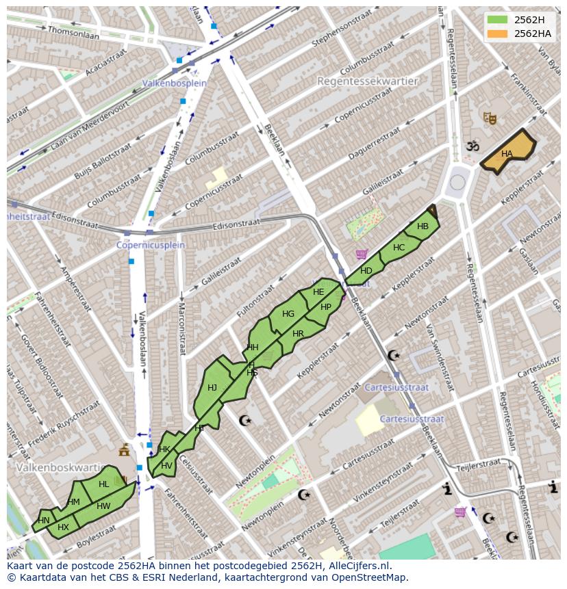 Afbeelding van het postcodegebied 2562 HA op de kaart.