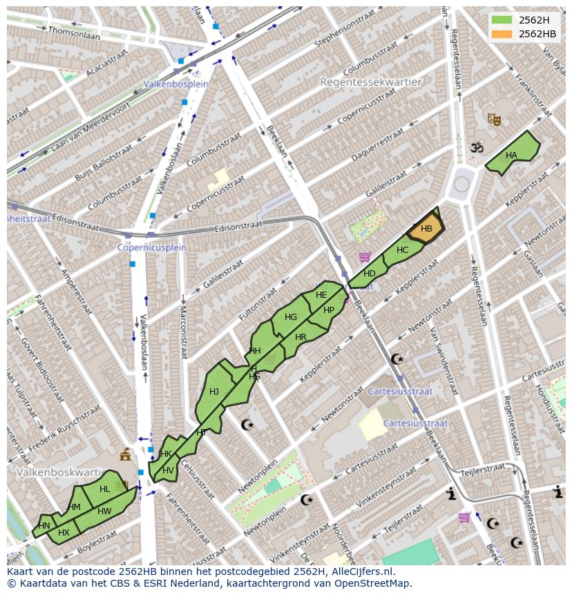 Afbeelding van het postcodegebied 2562 HB op de kaart.