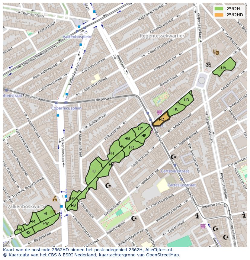 Afbeelding van het postcodegebied 2562 HD op de kaart.