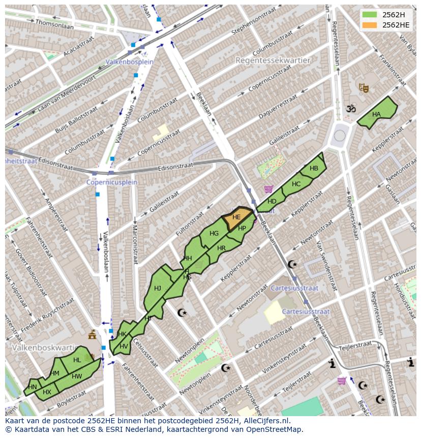Afbeelding van het postcodegebied 2562 HE op de kaart.
