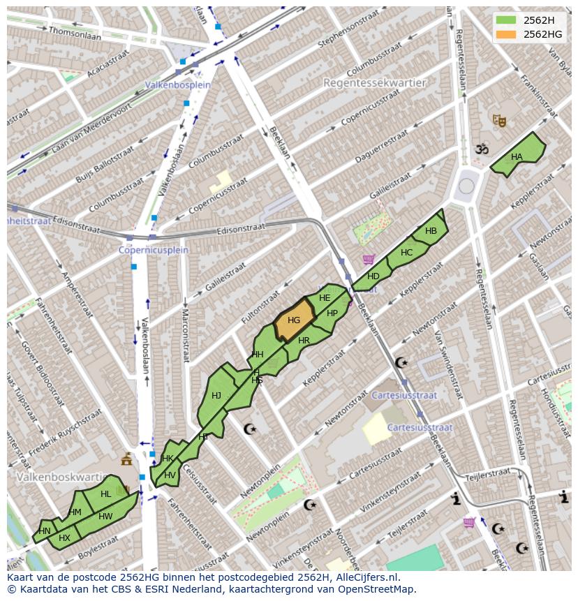 Afbeelding van het postcodegebied 2562 HG op de kaart.