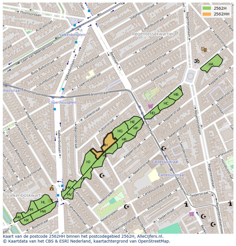 Afbeelding van het postcodegebied 2562 HH op de kaart.