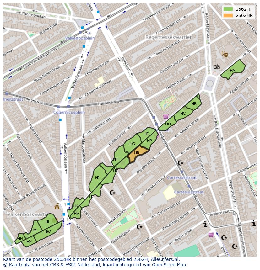 Afbeelding van het postcodegebied 2562 HR op de kaart.