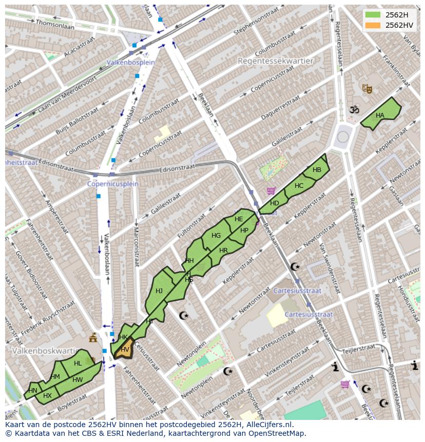 Afbeelding van het postcodegebied 2562 HV op de kaart.