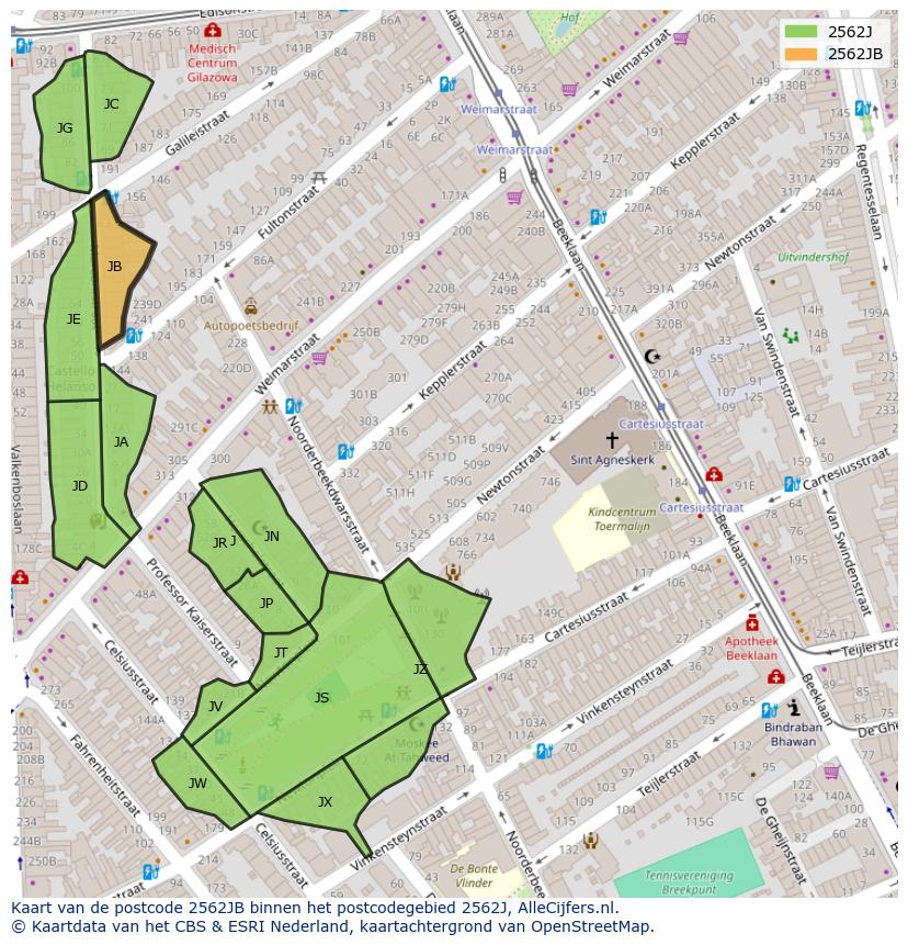 Afbeelding van het postcodegebied 2562 JB op de kaart.