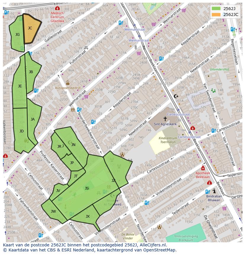 Afbeelding van het postcodegebied 2562 JC op de kaart.