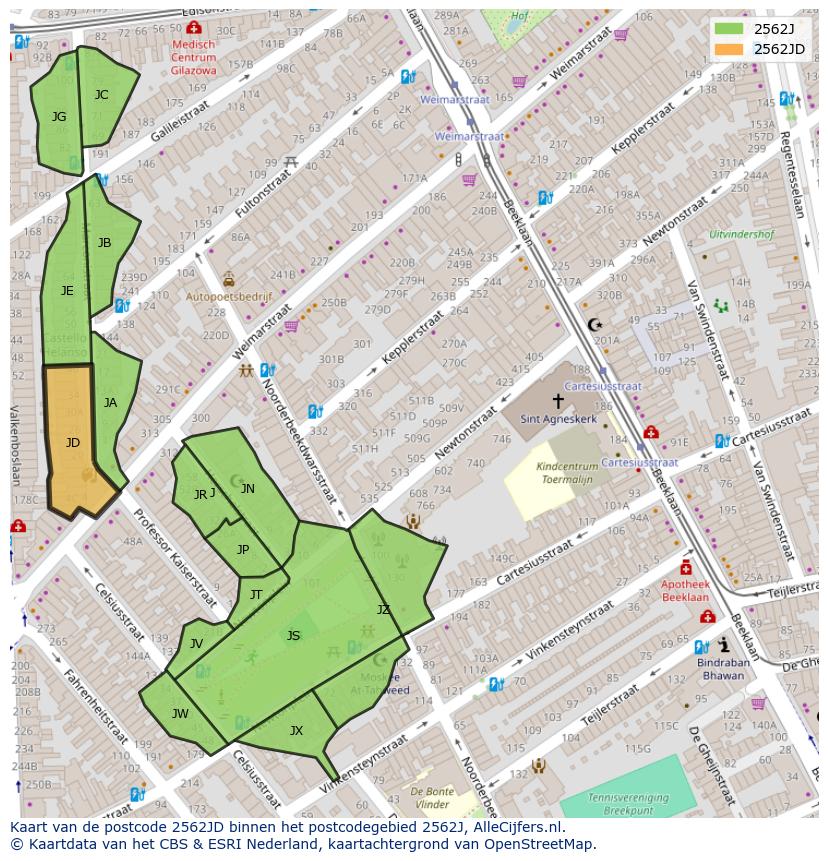Afbeelding van het postcodegebied 2562 JD op de kaart.