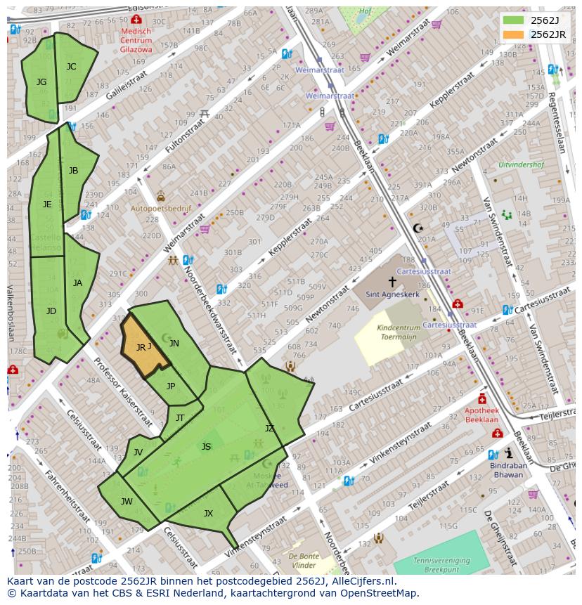 Afbeelding van het postcodegebied 2562 JR op de kaart.