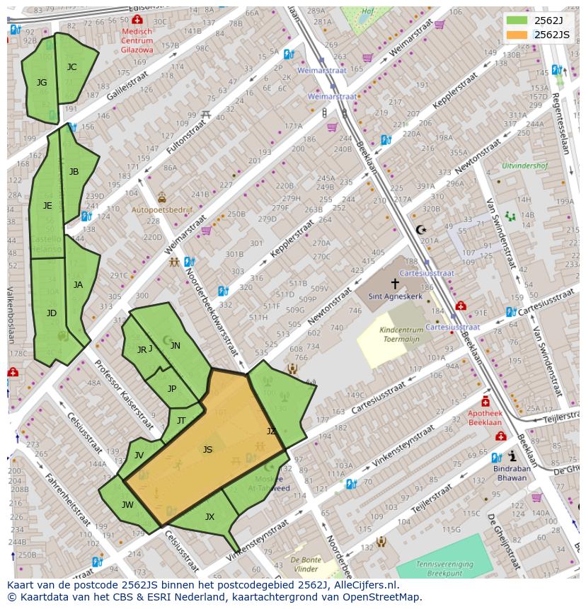 Afbeelding van het postcodegebied 2562 JS op de kaart.