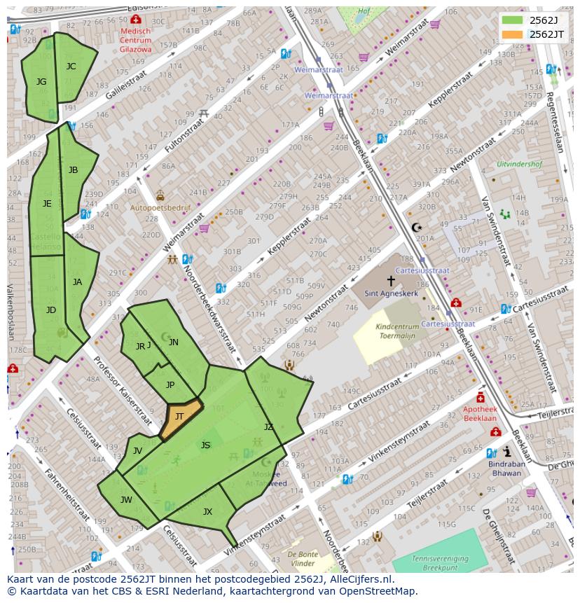 Afbeelding van het postcodegebied 2562 JT op de kaart.