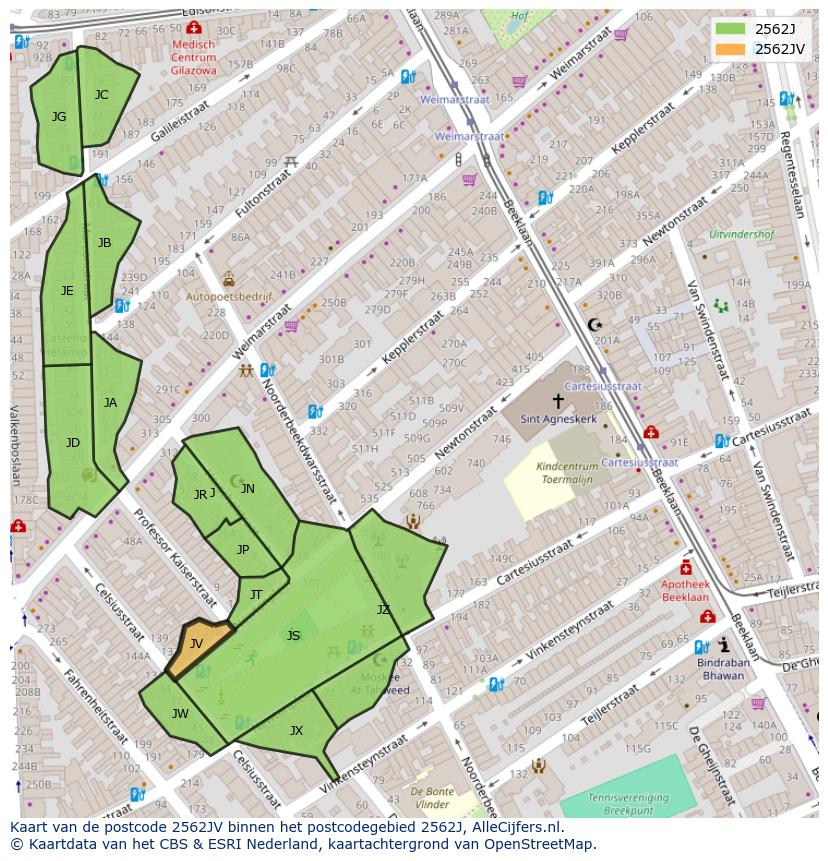 Afbeelding van het postcodegebied 2562 JV op de kaart.