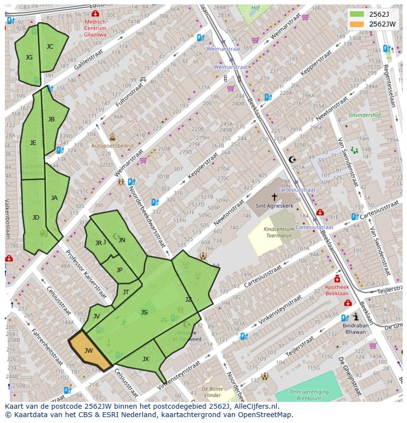 Afbeelding van het postcodegebied 2562 JW op de kaart.