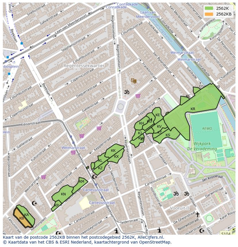 Afbeelding van het postcodegebied 2562 KB op de kaart.