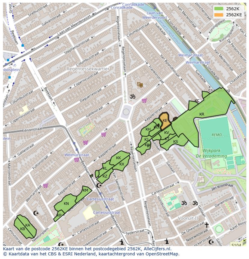 Afbeelding van het postcodegebied 2562 KE op de kaart.
