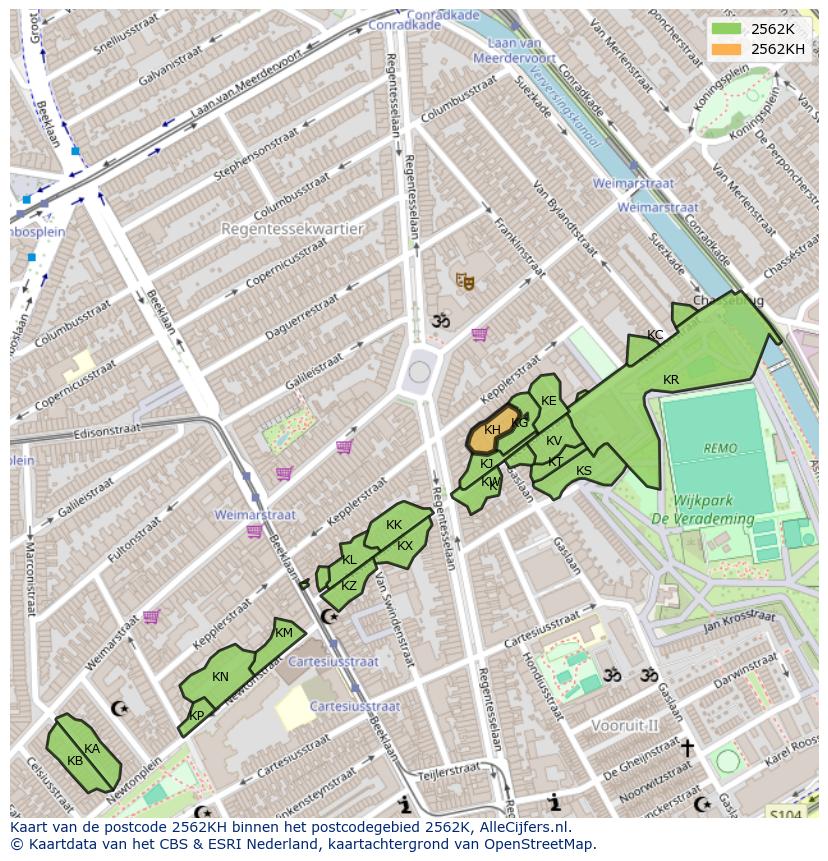 Afbeelding van het postcodegebied 2562 KH op de kaart.
