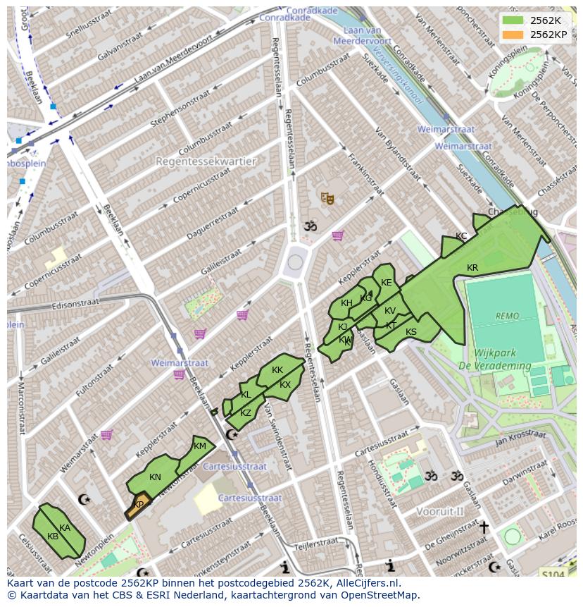 Afbeelding van het postcodegebied 2562 KP op de kaart.