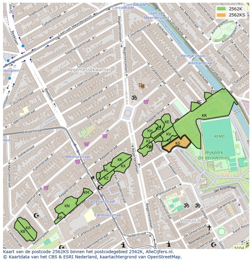 Afbeelding van het postcodegebied 2562 KS op de kaart.