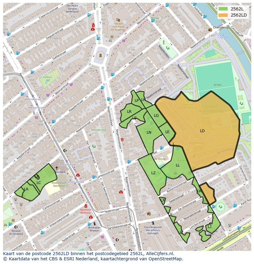 Afbeelding van het postcodegebied 2562 LD op de kaart.
