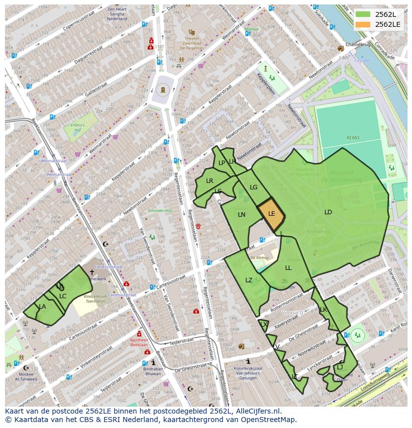 Afbeelding van het postcodegebied 2562 LE op de kaart.