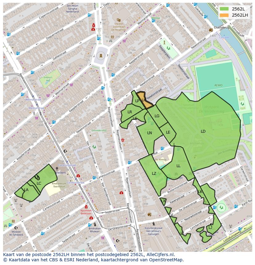 Afbeelding van het postcodegebied 2562 LH op de kaart.