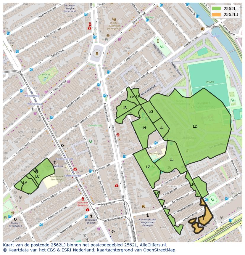 Afbeelding van het postcodegebied 2562 LJ op de kaart.