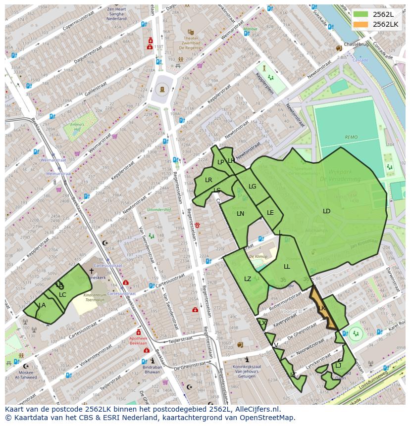 Afbeelding van het postcodegebied 2562 LK op de kaart.