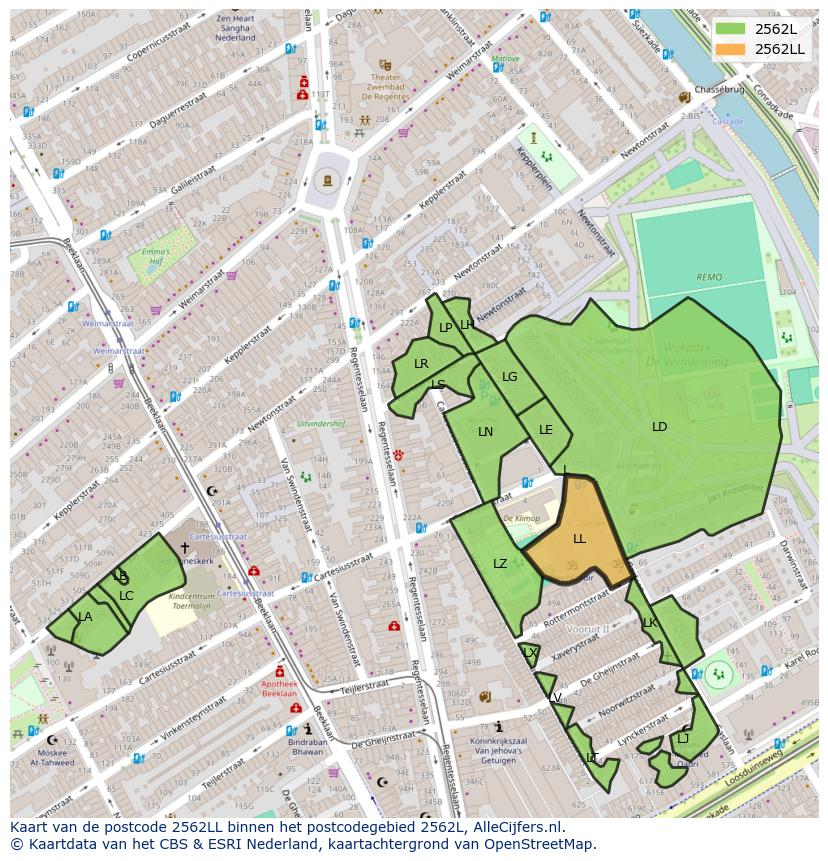 Afbeelding van het postcodegebied 2562 LL op de kaart.