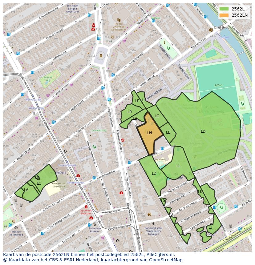 Afbeelding van het postcodegebied 2562 LN op de kaart.