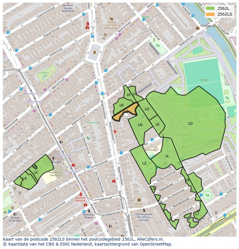Afbeelding van het postcodegebied 2562 LS op de kaart.