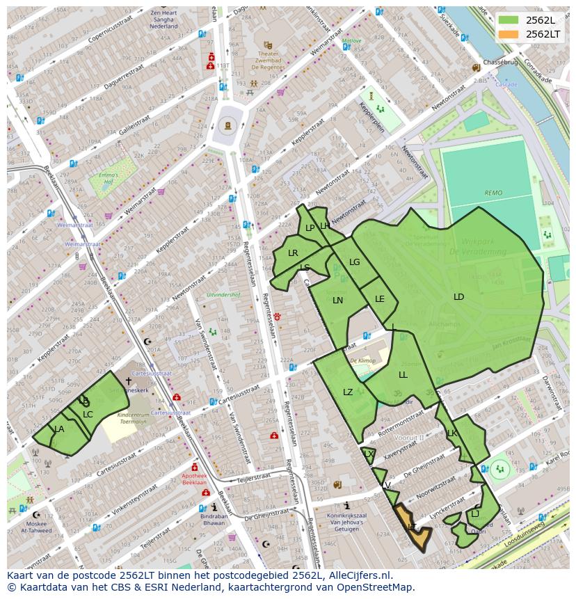 Afbeelding van het postcodegebied 2562 LT op de kaart.