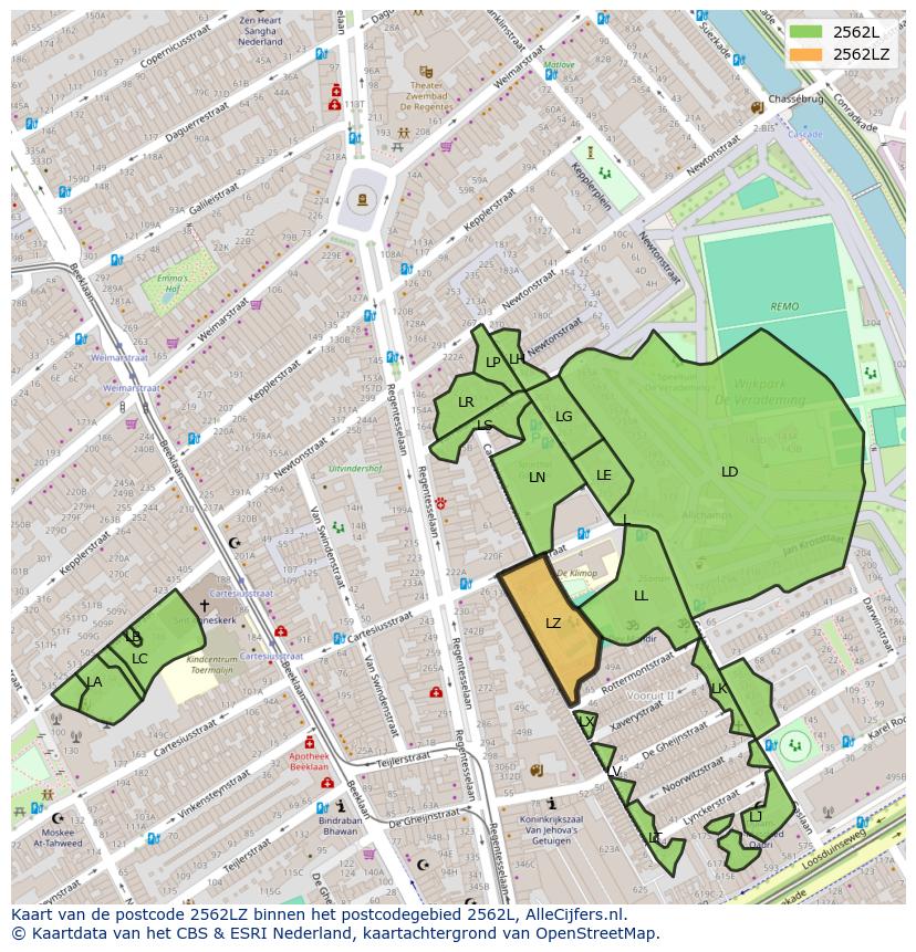 Afbeelding van het postcodegebied 2562 LZ op de kaart.