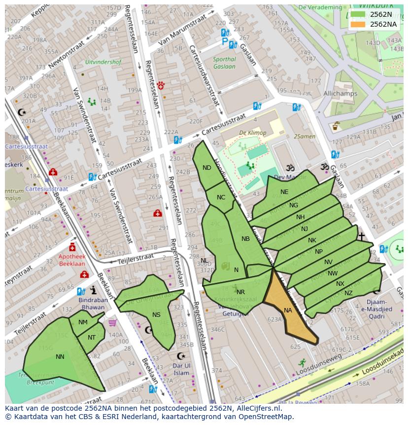 Afbeelding van het postcodegebied 2562 NA op de kaart.