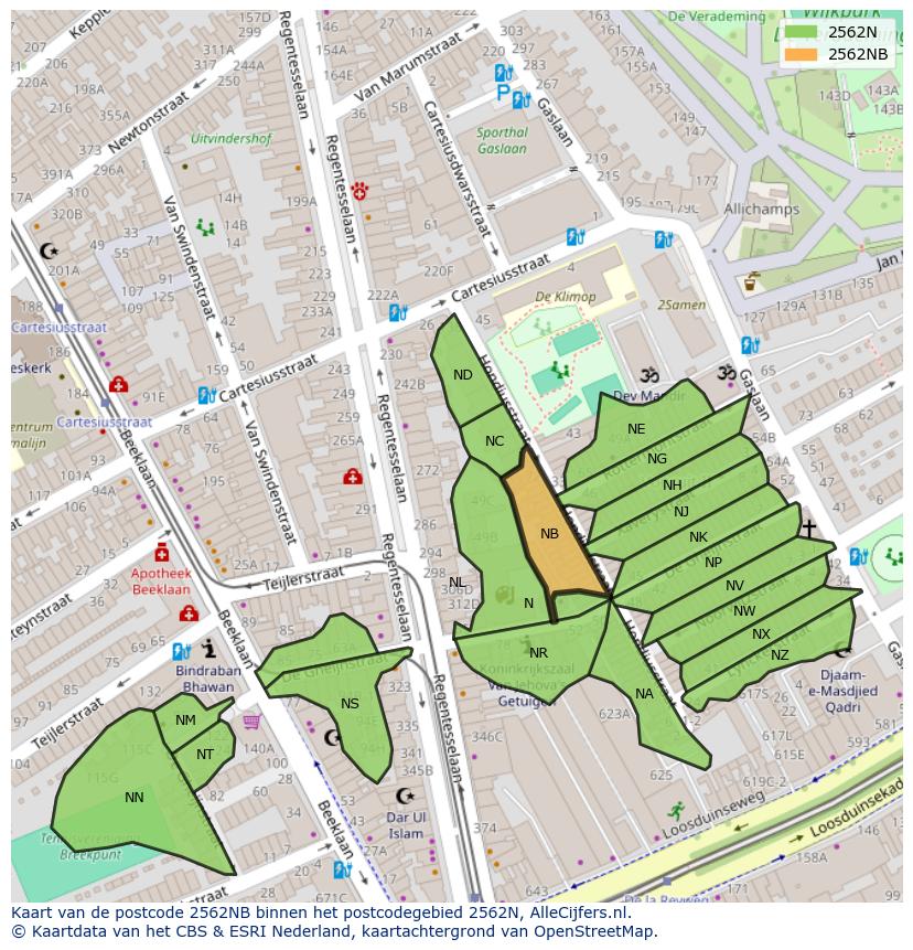 Afbeelding van het postcodegebied 2562 NB op de kaart.
