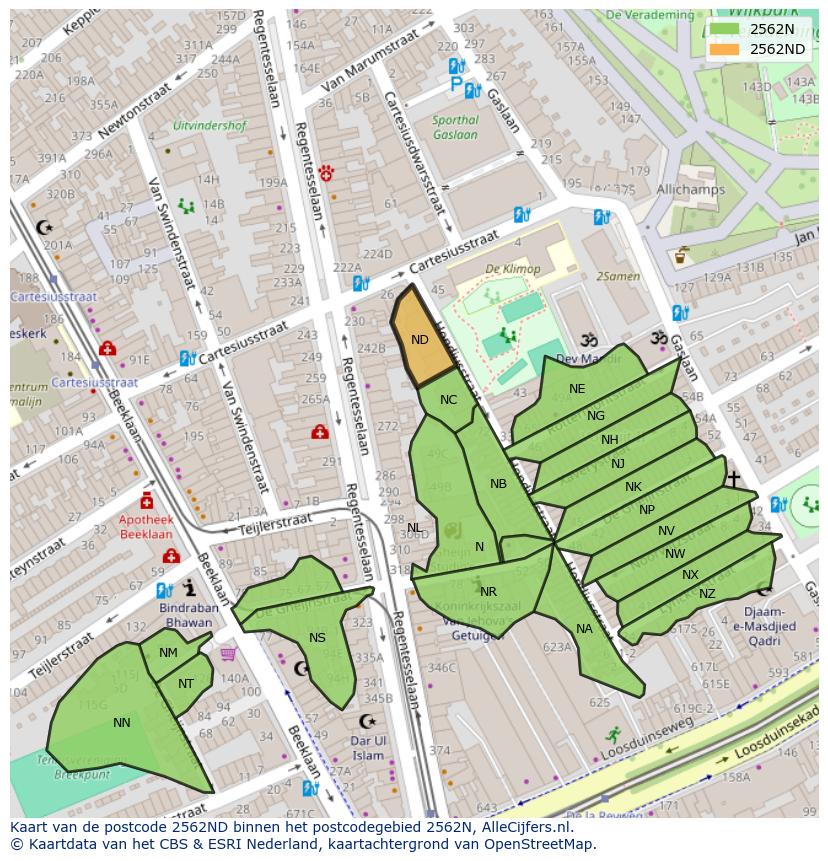 Afbeelding van het postcodegebied 2562 ND op de kaart.