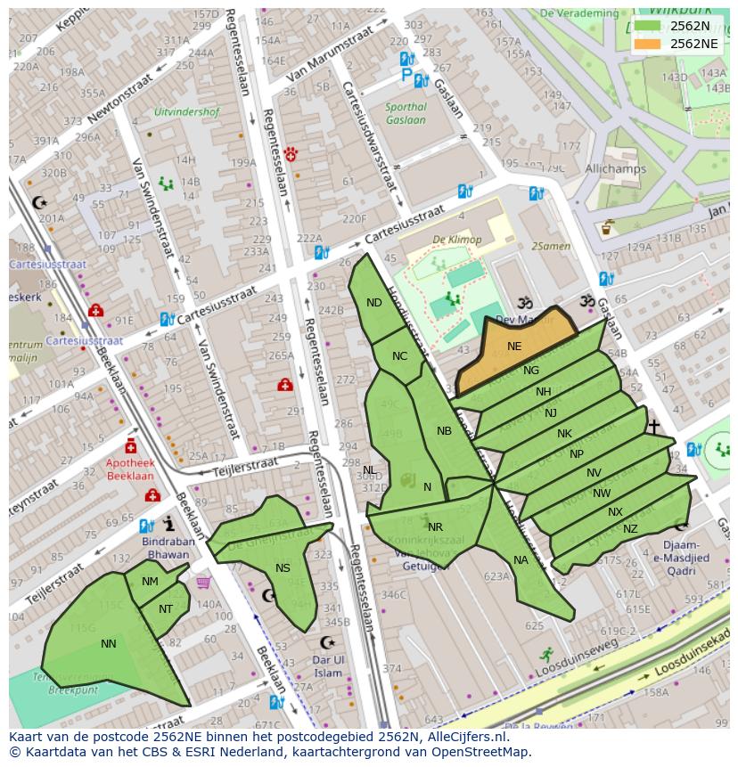 Afbeelding van het postcodegebied 2562 NE op de kaart.
