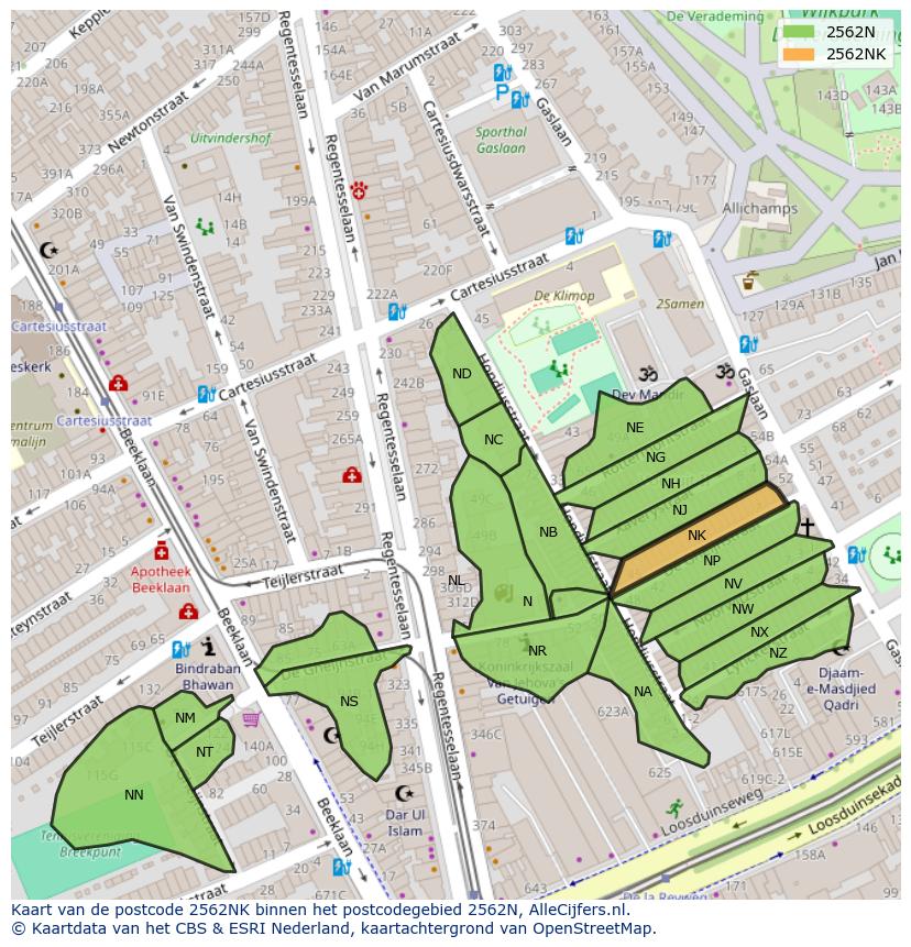 Afbeelding van het postcodegebied 2562 NK op de kaart.