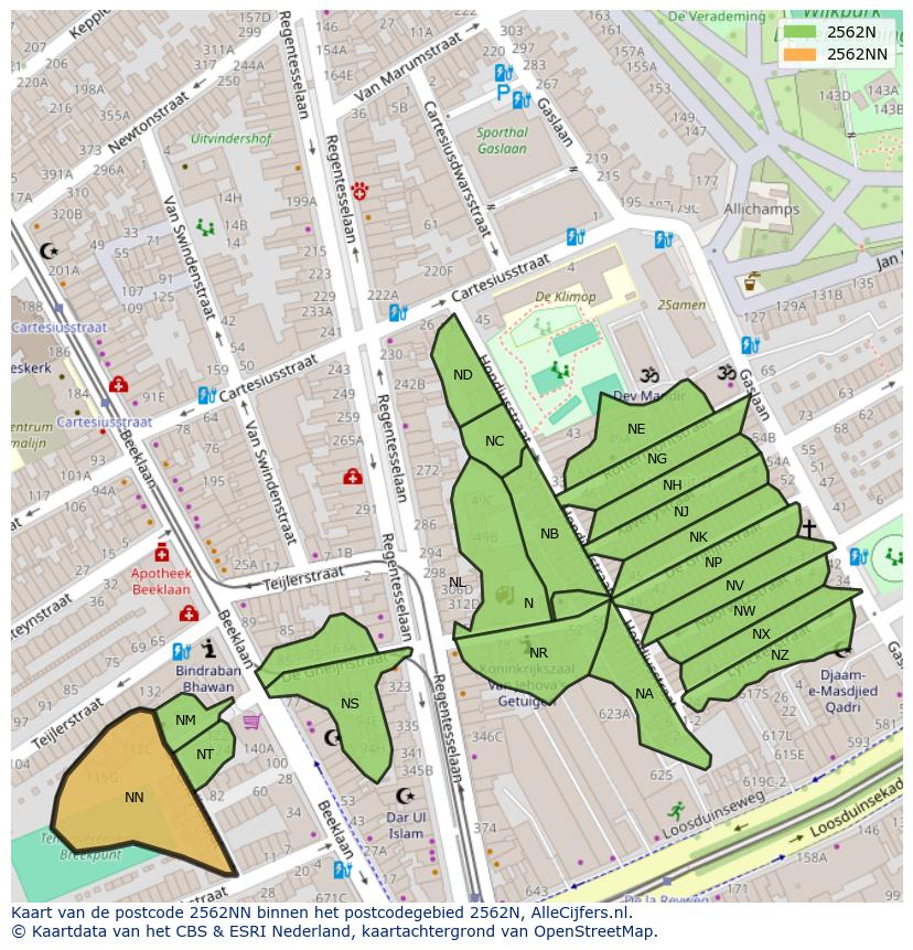 Afbeelding van het postcodegebied 2562 NN op de kaart.