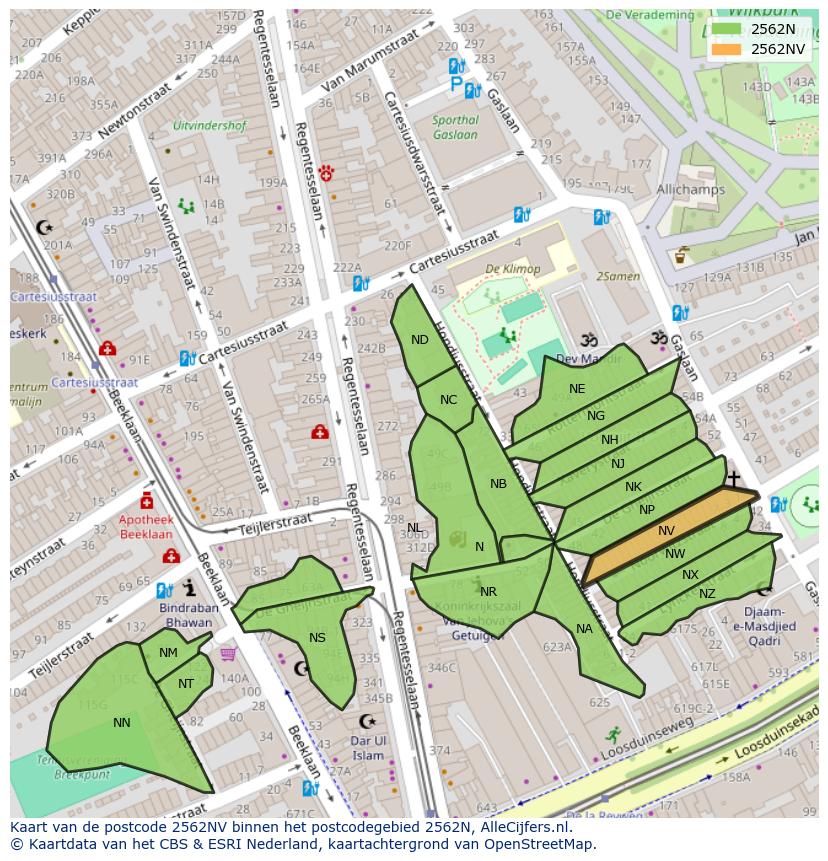 Afbeelding van het postcodegebied 2562 NV op de kaart.
